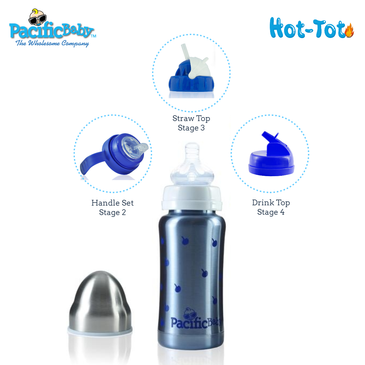 Pacific Baby Hot-Tot Stainless Steel Insulated Infant Baby 7 oz Eco Feeding Bottle Blueberries