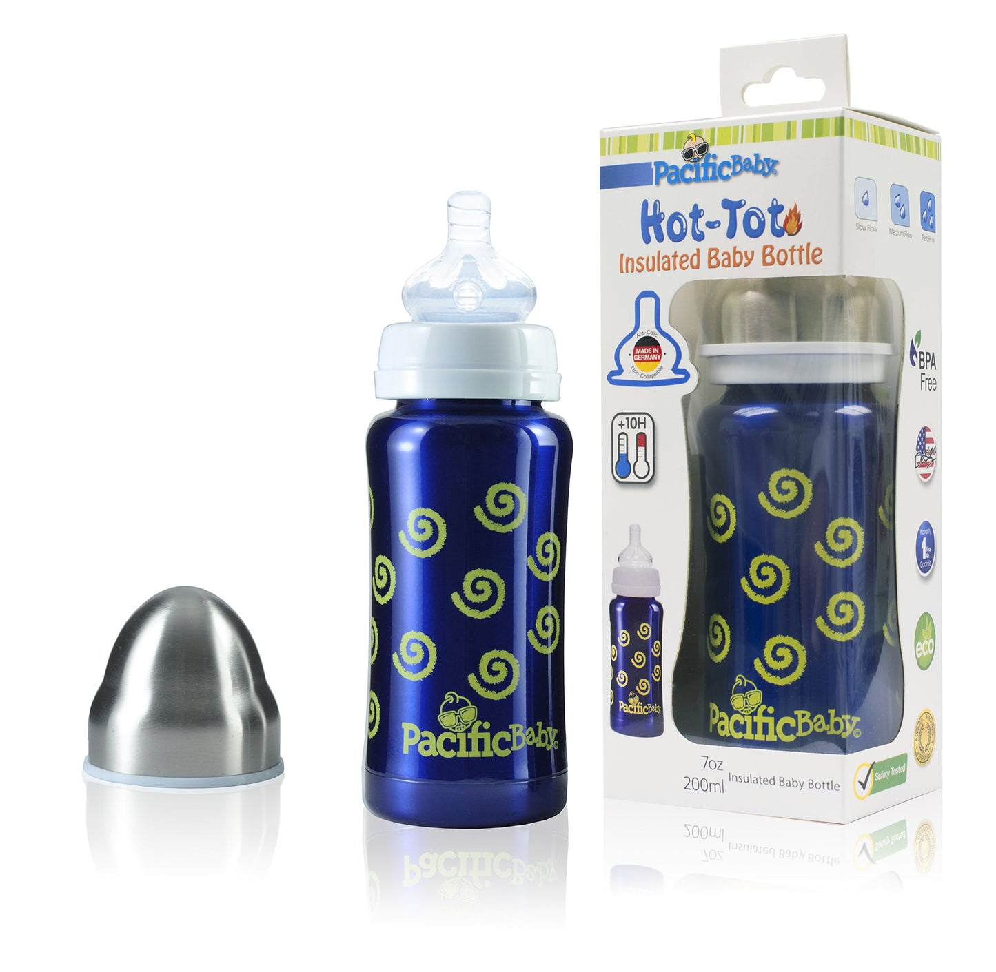 Pacific Baby Hot-Tot Stainless Steel Insulated Infant Baby 7 oz Eco Feeding Bottle Swirls