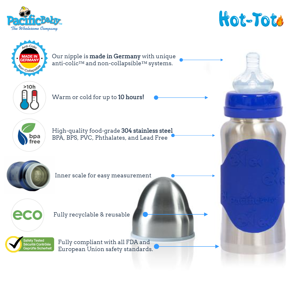 Pacific Baby Hot-Tot Stainless Steel Insulated Infant Baby 7 oz Eco Feeding Bottle Blueberries